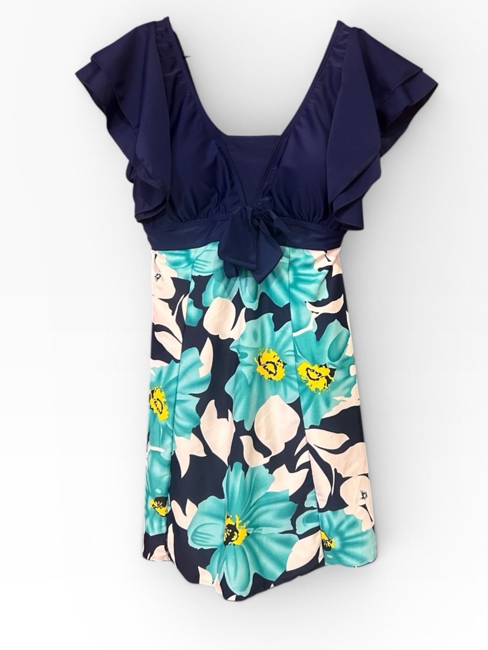 Style & Co. Flutter Sleeve Floral Print One-Piece Swim Dress Navy Teal Large